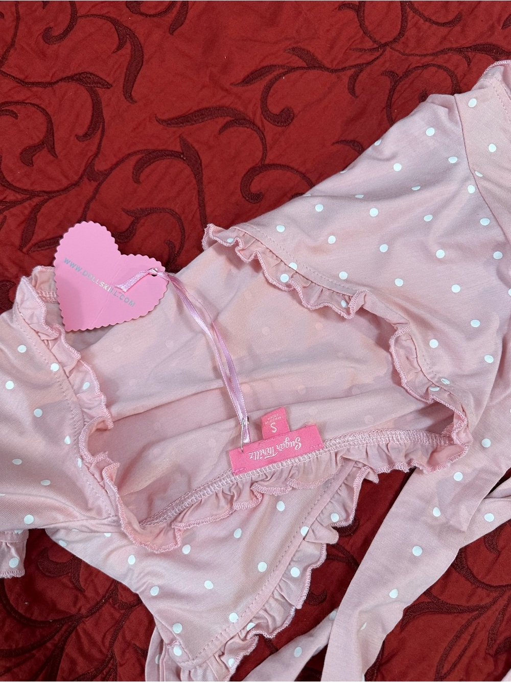 Sugar Thrillz Pink Polka Dot Wrap Crop Top & Ruffle Skirt Set - Picture 6 of 7